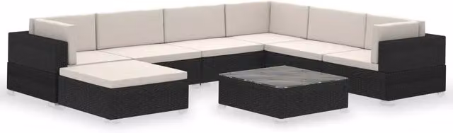 Set da giardino Outsunny a forma di L composto da 8 pezzi in resina intrecciata nera con cuscini bianchi e struttura in acciaio verniciato a polvere