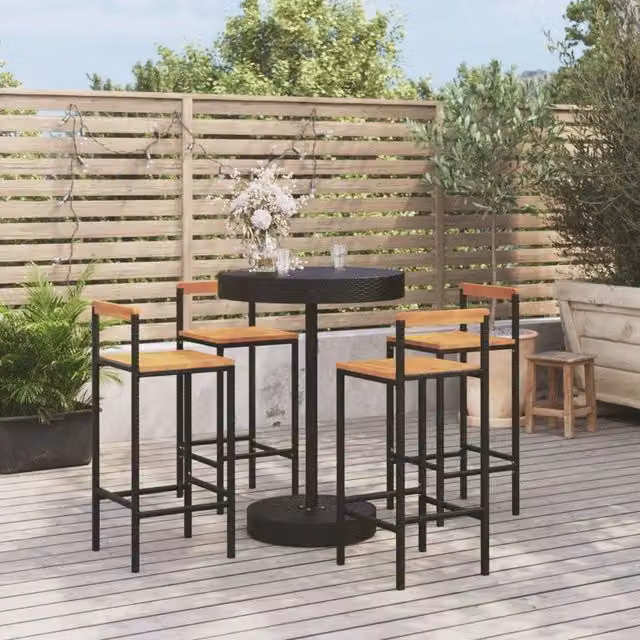 Set Bar Giardino 5 pz Nero Polyrattan e Legno Massello Acacia 3187720