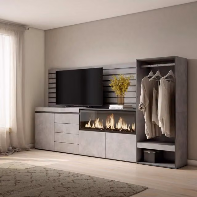 Credenza con Camino Elettrico XXL Skraut Home, Armadio Aperto e Cassettiera per Camera da Letto, Grigio Cemento, L: 274 cm, P: 35 cm, H: 145 cm – 1
