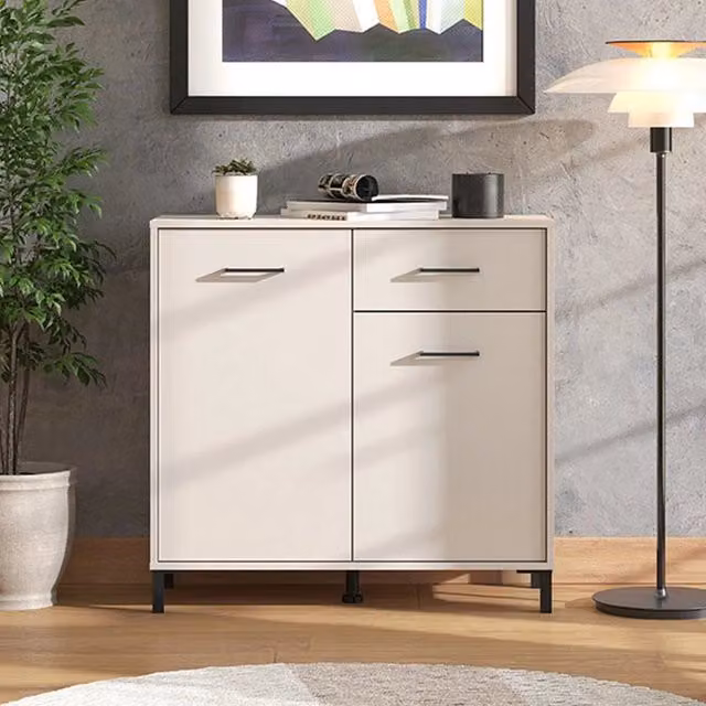 Madia DMORA Laerruu, Credenza moderna con un cassetto, Bianco Crema, L 93 cm x P 40 cm x H 90 cm