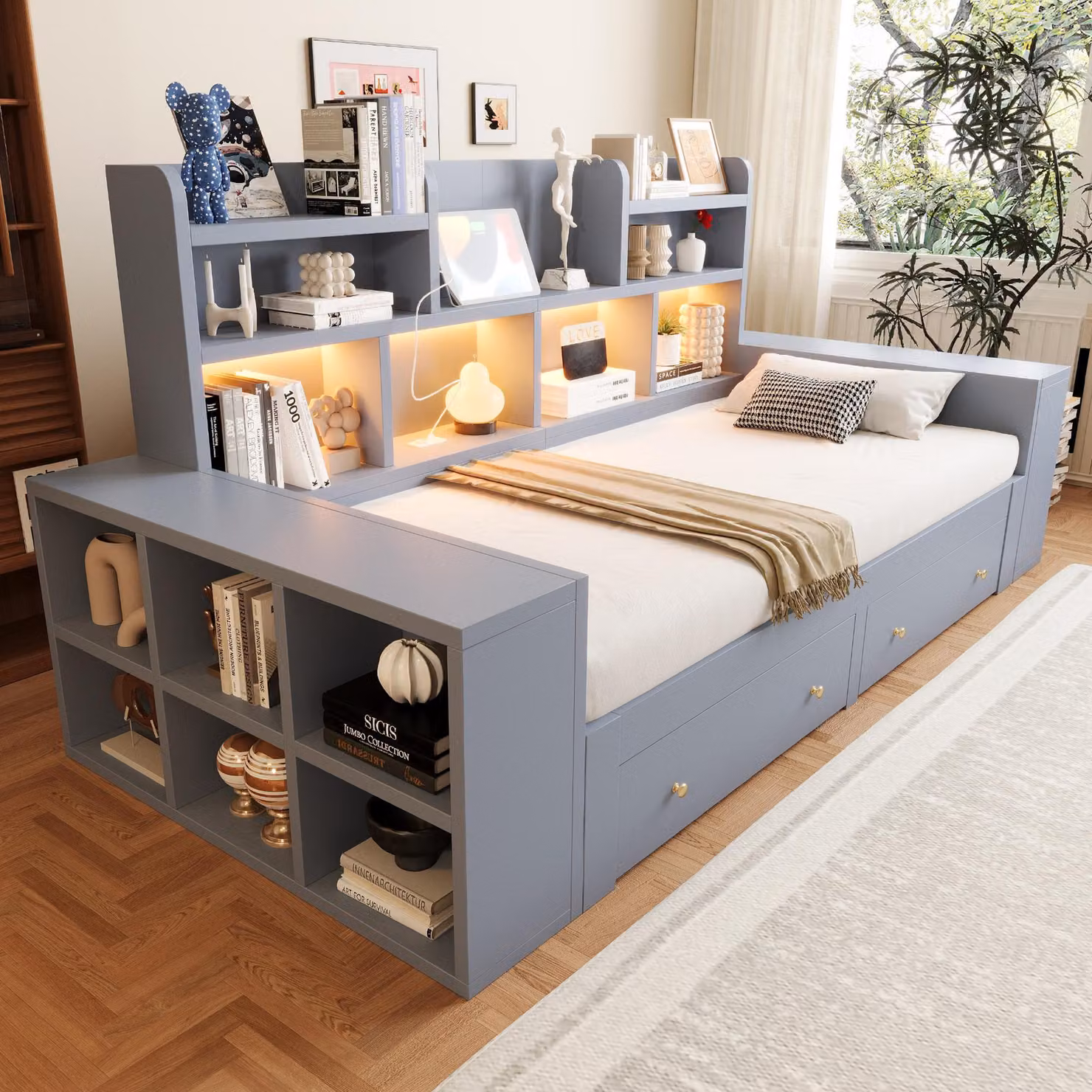 DIVANO LETTO MODFU, modello estraibile, 90/180 x 200 cm, divano letto giornaliero con spazio contenitivo, letto giornaliero multifunzionale con LED, letto per ragazzi con cassetti, senza materasso, colore grigio