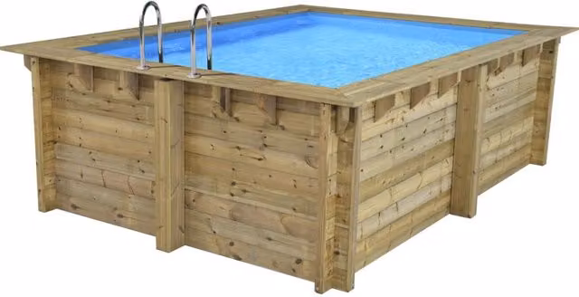 Piscina rettangolare fuori terra in legno Caimans Habitat et Jardin, Blu e Marrone, L: 410 cm, P: 300 cm, H: 124 cm