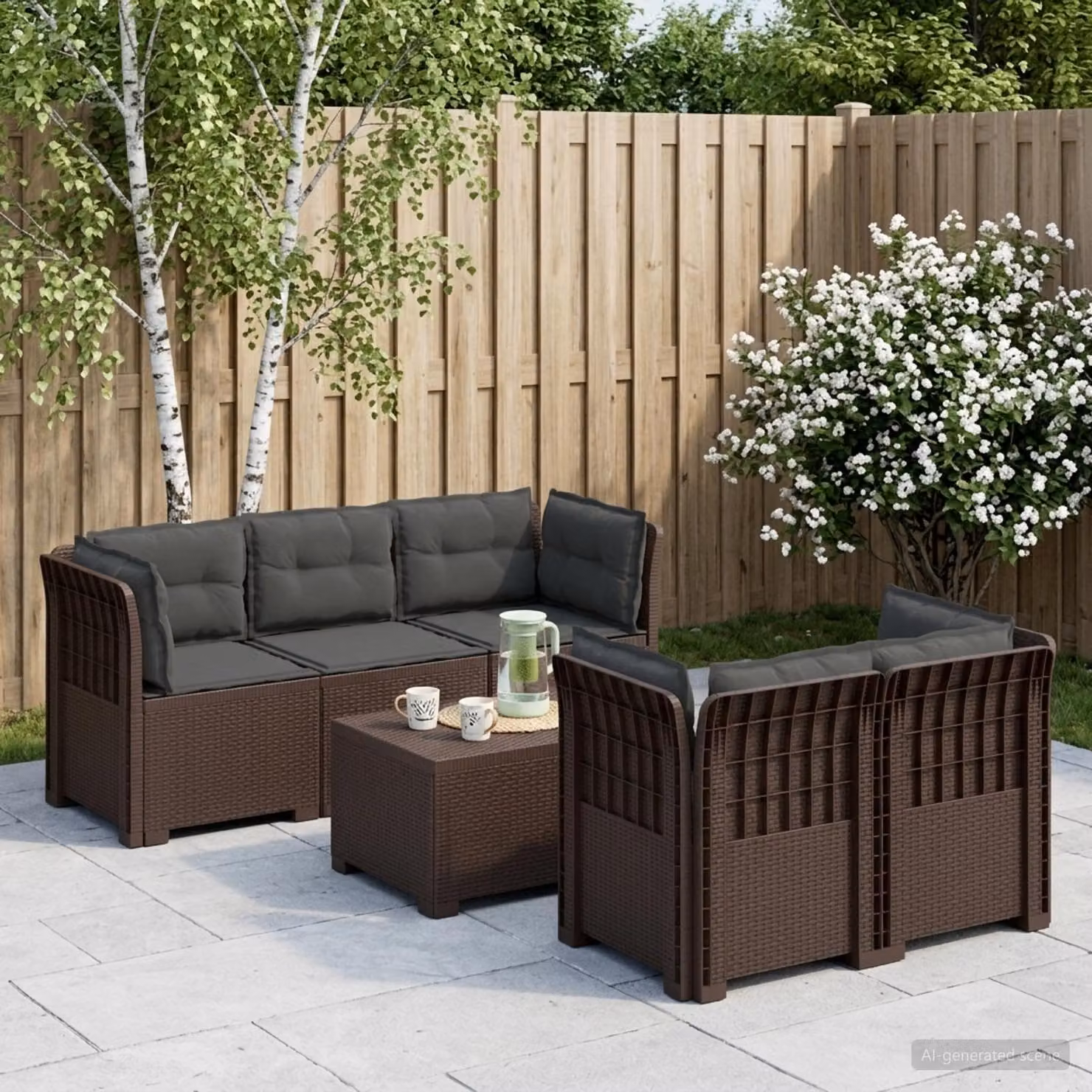 Set da giardino vidaXL a forma di L con divano da 5 posti, elemento angolare, tavolino da caffè e cuscini in polyrattan marrone e antracite
