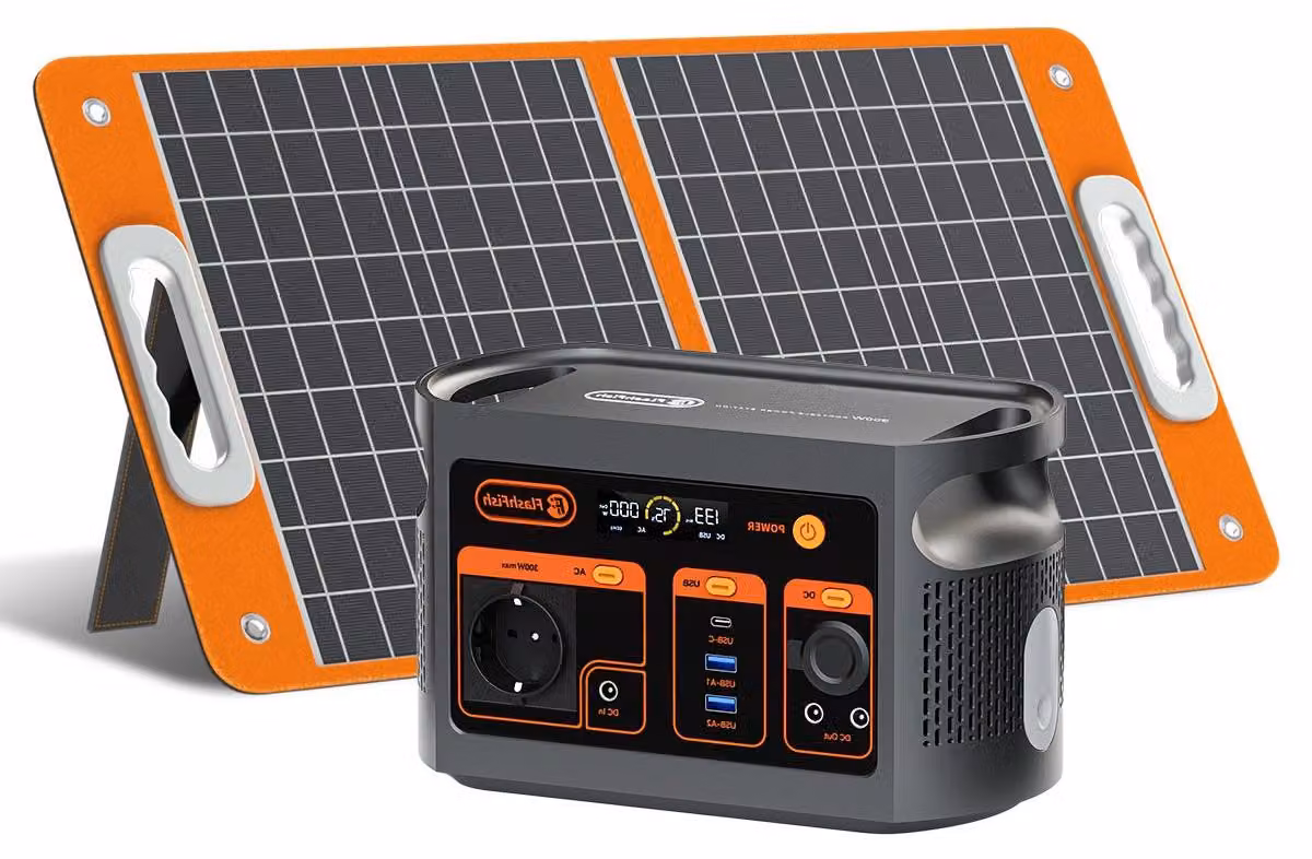 Centralina portatile con pannello solare, potenza di 300W, batteria LiFePO4 da 222Wh e uscita a onda sinusoidale pura