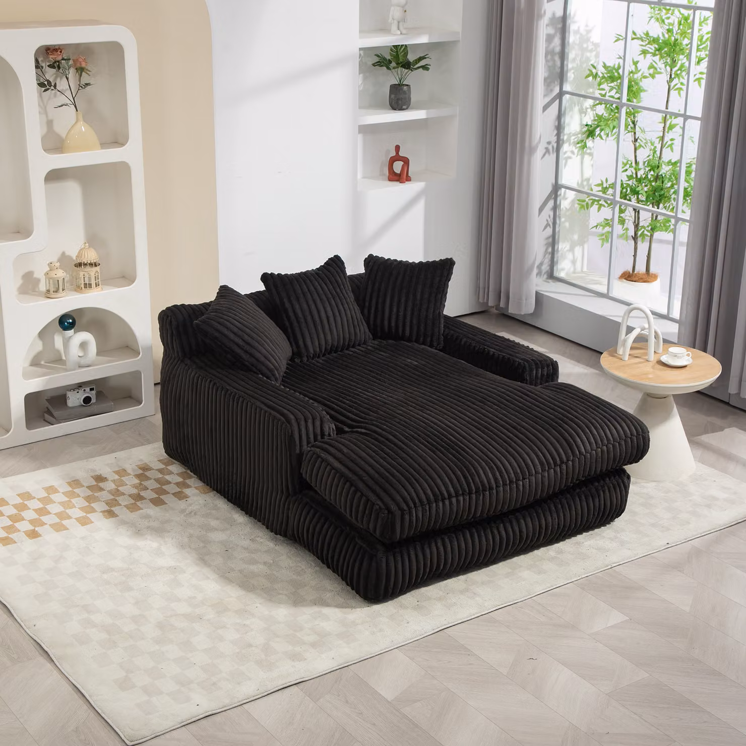 LVHOM Divano Lazy in tessuto a coste con cuscini, divano da terra 125 × 155 × 63 cm, divano letto con memory foam, poltrona chaise longue, nero