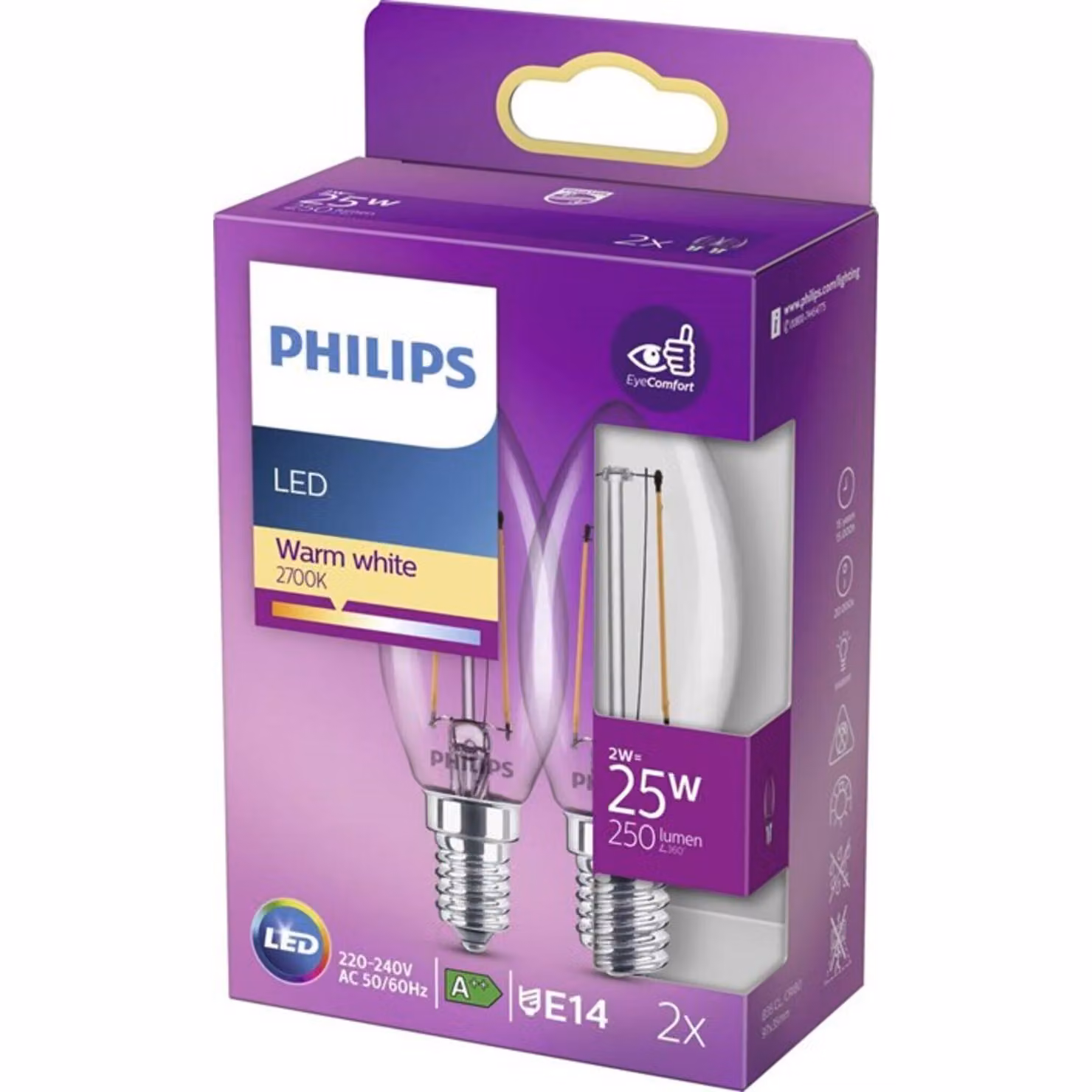 Confezione da 2 LED E14 2W (25W) Trasparente 250lm