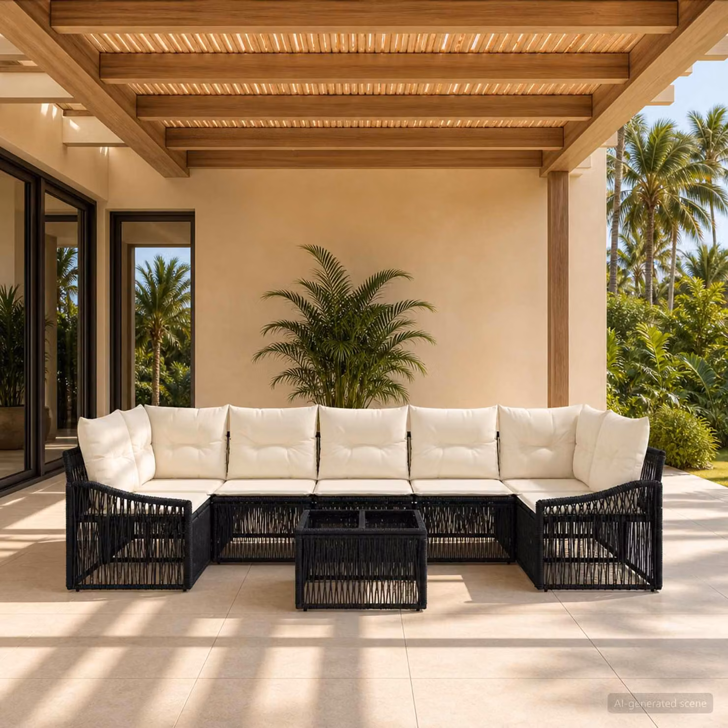 Set Divano da Giardino vidaXL 8 Pezzi a Forma di U in Polyrattan Nero con Cuscini e Tavolino da Caffè