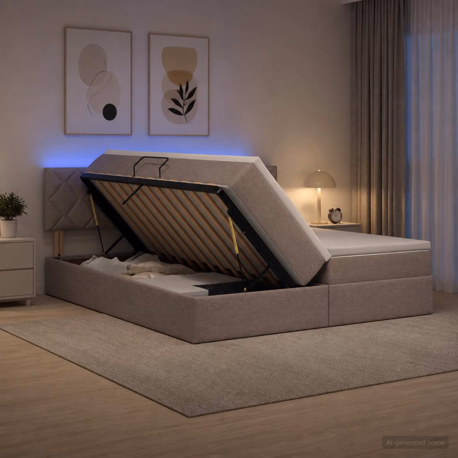 Letto con contenitore e illuminazione LED vidaXL, colore grigio, con porta di ricarica USB, L: 200 cm, P: 200 cm, H: 140 cm