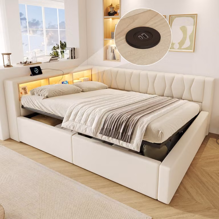 Divano letto idraulico Flieks, 140x200 cm, con porta USB; letto per ragazzi, divano imbottito, letto matrimoniale con rivestimento in ecopelle; divano letto, daybed con contenitori, in lino, color beige