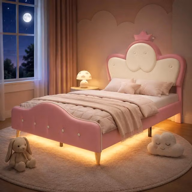 LETTO Singolo 90x200 cm PU Rosa/Bianco con testiera a corona e LED