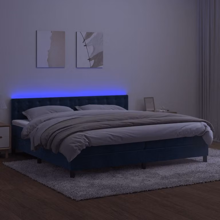 The Living Store Letto a molle con materasso e LED in velluto blu scuro 200x200 cm