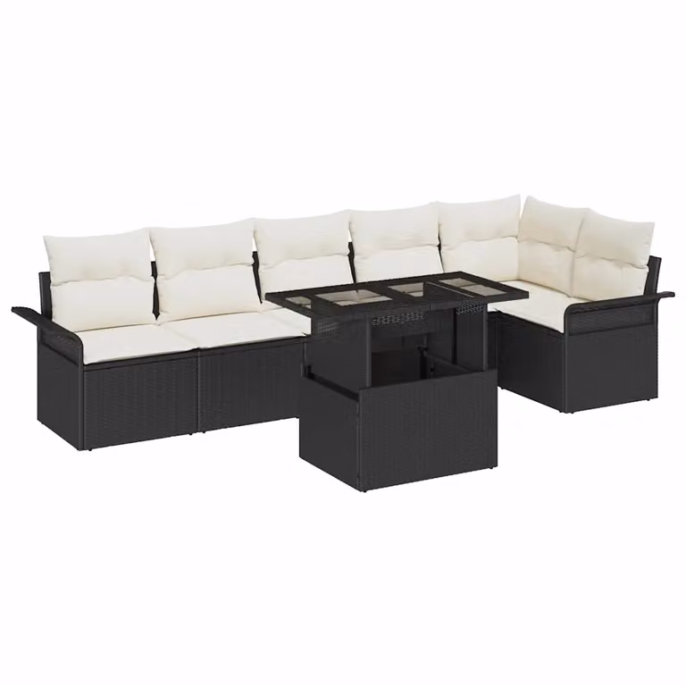 Set Divano da Giardino vidaXL 7 Pezzi in Polyrattan Nero con Cuscini Beige e Tavolino in Vetro