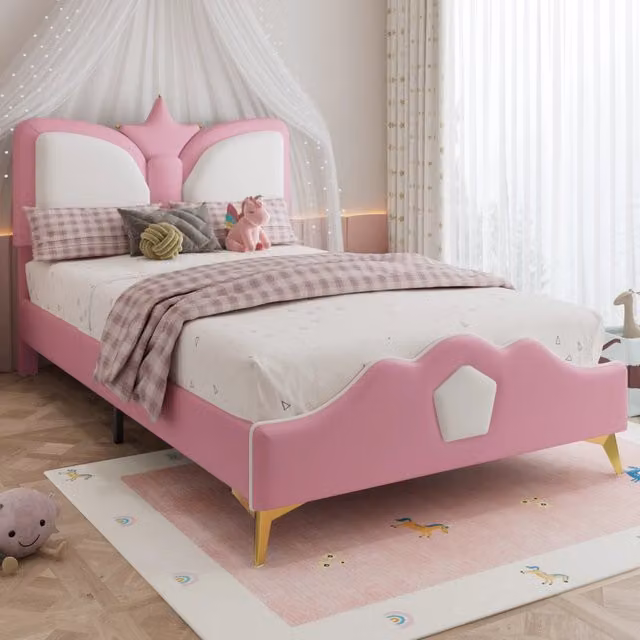 Letto singolo imbottito per bambini 90 × 200 cm con testiera a corona in PU rosa e bianco struttura stabile