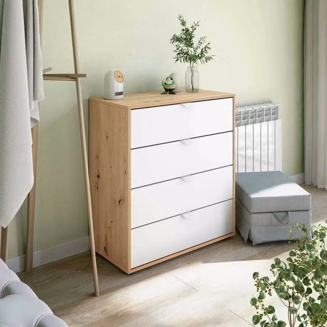 Comodino Spinello DMORA, Comò basso e Tavolino da notte Bianco e Rovere Nodi, L 78 cm, P 40 cm, H 86 cm