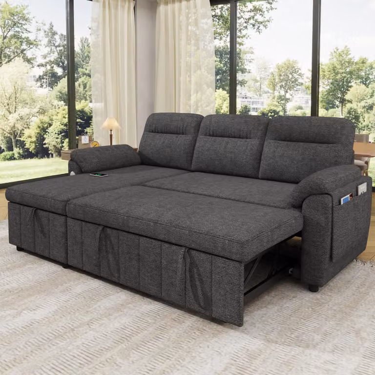 Divano angolare a forma di L, 3 posti, con funzione letto, dotato di porte USB/Type-C, divano estendibile, chaise longue intercambiabile, rivestito in chenille, colore grigio