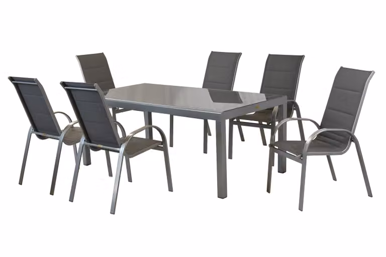 Set di mobili da giardino Merxx Amalfi grafite 7 pezzi, 6 sedie impilabili, 1 tavolo 190 x 100 cm - alluminio/tessuto