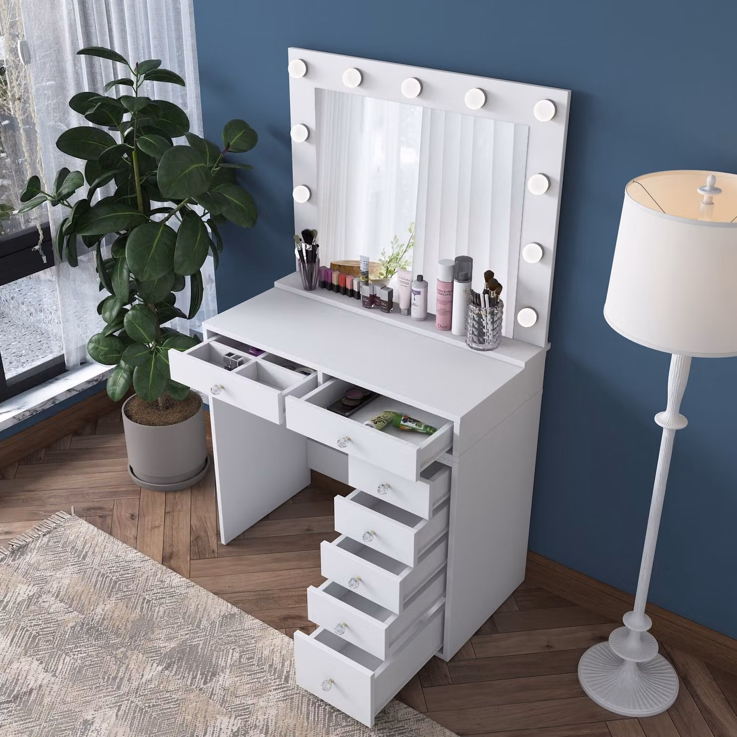 Skye Decor, BJ115 - 2781, Tavolino da toilette, 100 % truciolato rivestito di melamina, grado E1, bianco, 90 x 44,5 x 153,4 cm