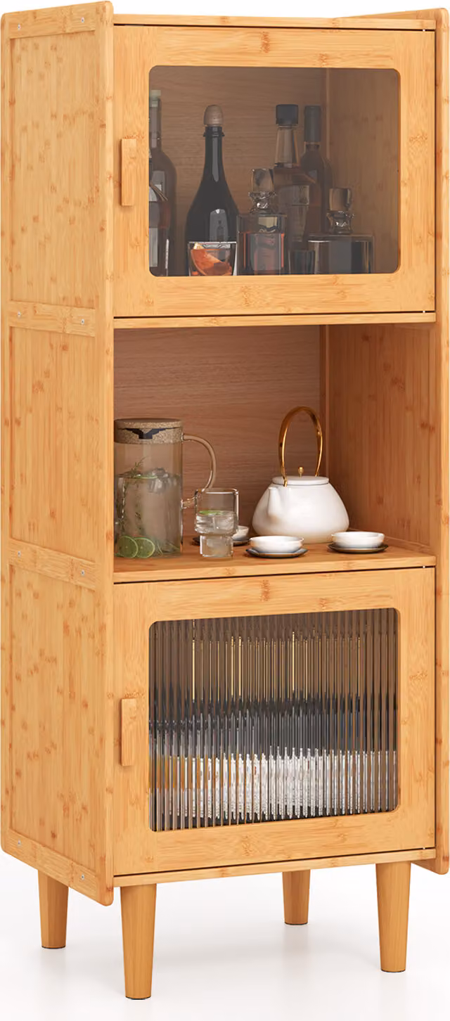 KOMFOTTEU Credenza a 3 ripiani in bambù, mobile da cucina, credenza da cucina 49,5 x 40 x 130 cm, vetrina, mobile contenitore con 2 ante in acrilico, cantinetta, mobile per stoviglie