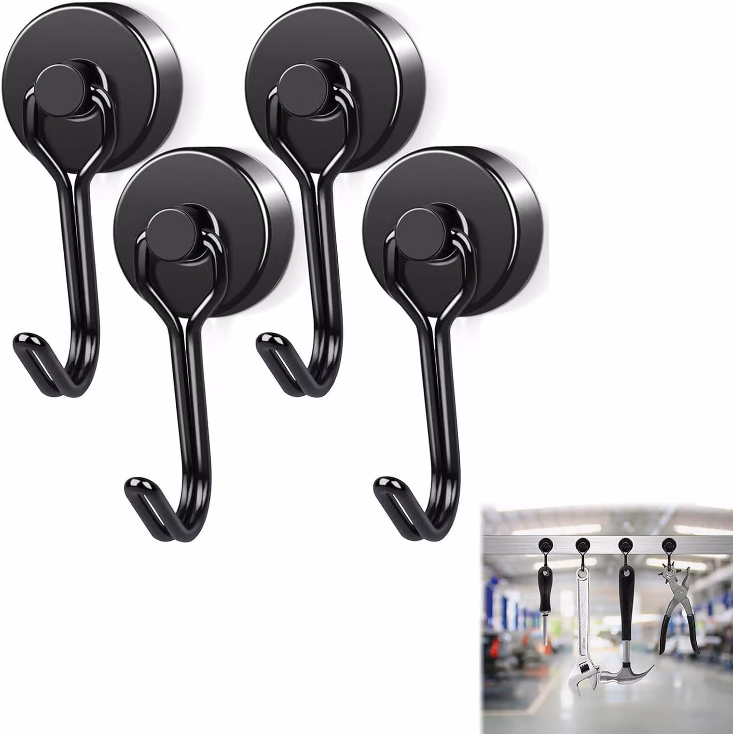 Ganci magnetici con gancio, confezione da 4 pezzi, colore nero, ideali per cucina e ufficio