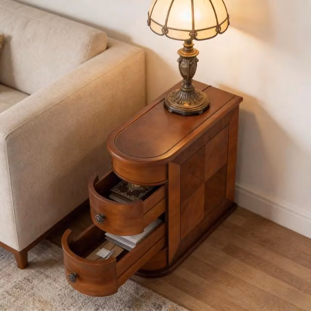 Tavolino da divano Mivray in legno color marrone con design arcuato e 2 cassetti, ideale per soggiorno, camera da letto o ufficio, L: 60 cm, P: 27 cm, H: 60 cm – 1