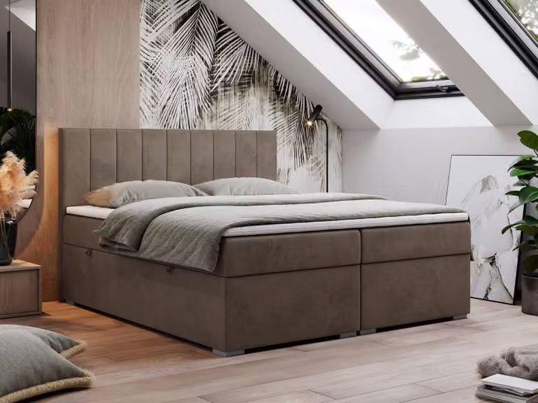 Letto boxspring 160x200, letto 160x200 con materasso e topper, letto boxspring con cassetti, letto matrimoniale - LOPE - 160x200 - Marrone - Velvet - H3