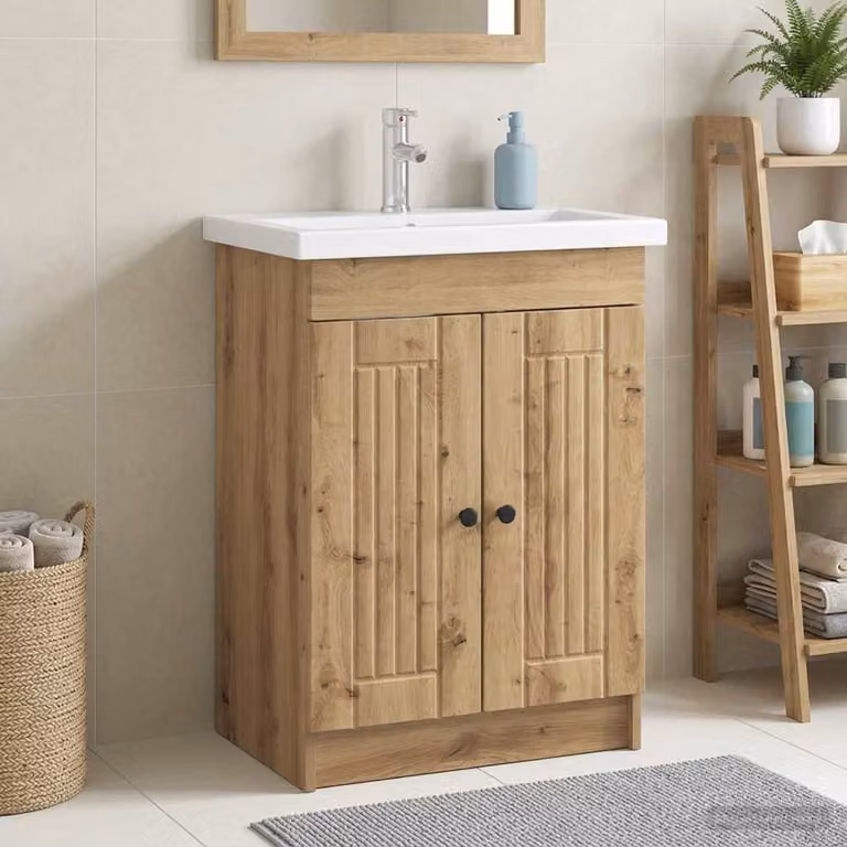 vidaXL Mobiletto da bagno sotto il lavello moderno in rovere e metallo, colore marrone e nero, H: 81,0 cm, L: 56,0 cm, P: 37,5 cm