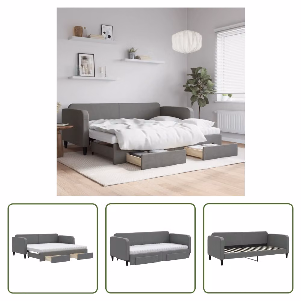 The Living Store Letto da giorno allungabile con cassetti grigio scuro 90x200 cm in tessuto