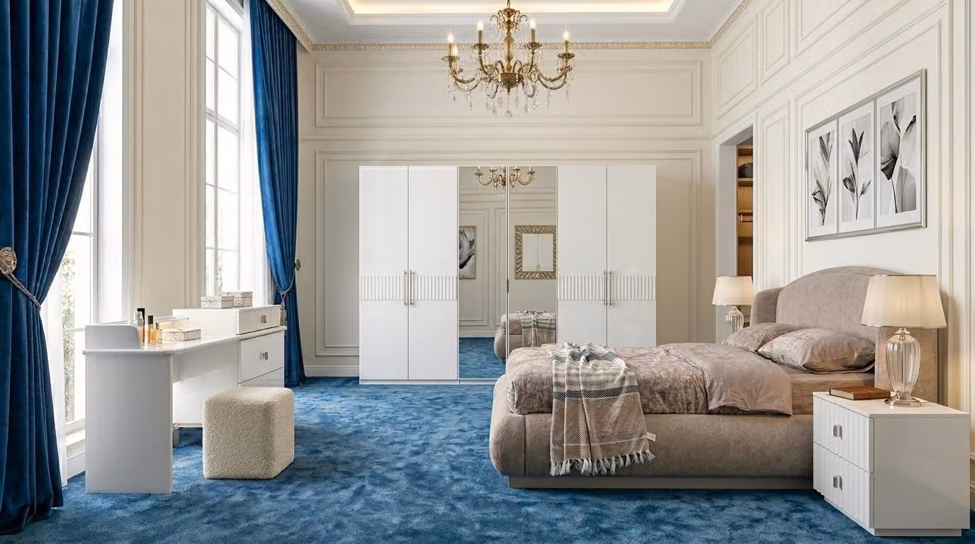 Set per camera da letto: letto, armadio, cassettiera, comodino. Design moderno, colore bianco