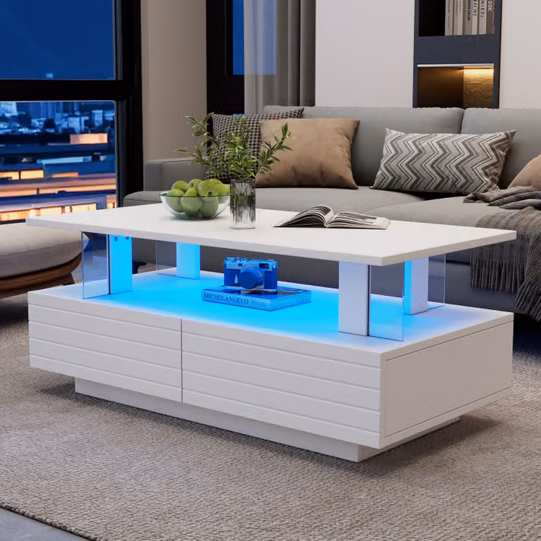 Tavolino STILVORA Tavolino a LED con funzione di contenitore, con cassetto e illuminazione a LED, con controllo tramite app per cellulare Bluetooth, bianco