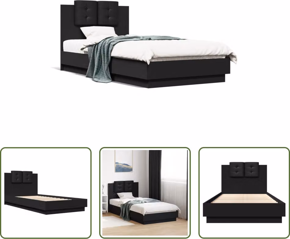 The Living Store Struttura letto con testiera nera 90x190 cm in materiale ligneo