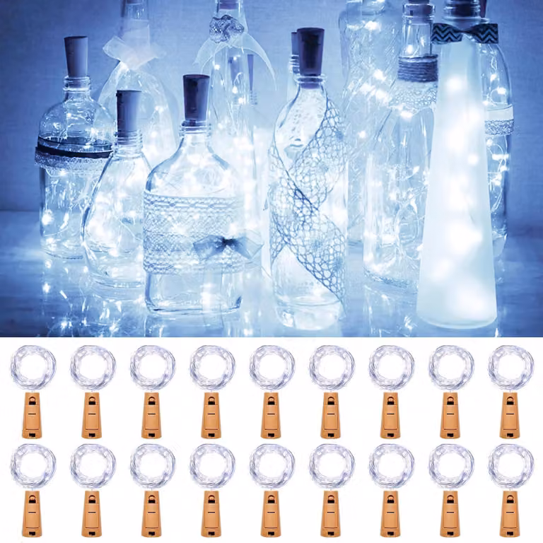 Luci a LED per bottiglie, confezione da 18 pezzi, lunghezza 2 metri, 20 LED, luce bianca fredda, alimentate a batteria