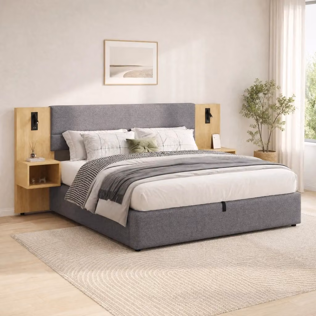 Letto contenitore Mivray con sollevamento idraulico, illuminazione LED, porte USB e due comodini in velluto grigio, L/P: 160 x 200 cm – 2
