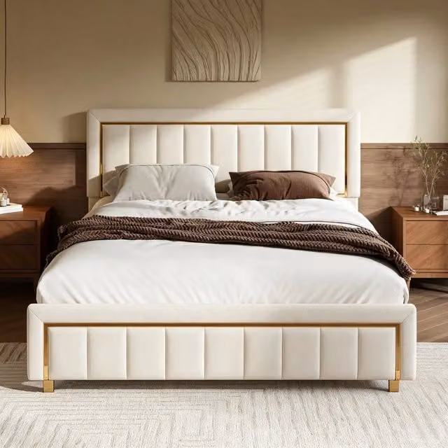 Letto Matrimoniale 160 x 200 cm;Letto Contenitore con contenitore idraulico;Testiera imbottita regolabile;Velluto;Beige