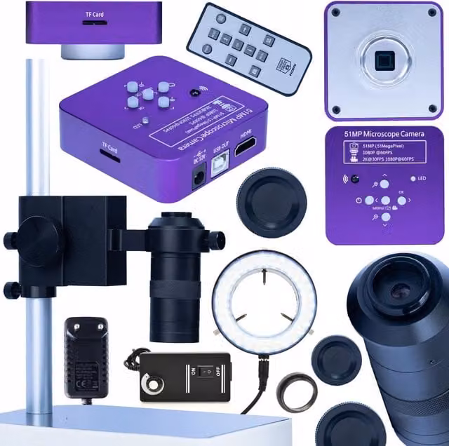 Microscopio Panasonic Pink Pro 4 in 1 con Camera 51MP HDMI USB, Obiettivo 100x e Montatura C-mount in Colore Rosa e Viola – 1