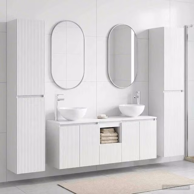 Set di mobili da bagno moderno vidaXL in MDF bianco lucido con mobile sottolavabo e pensile a parete