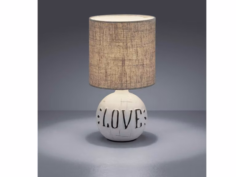 Lampada da tavolo a LED Base in Vetroceramica con scritta LOVE Paralume in tessuto marrone