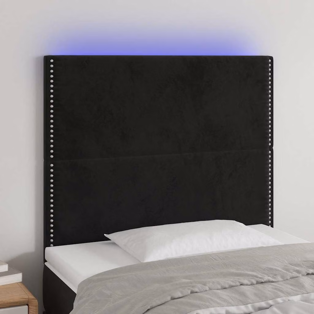 Testiera per letto vidaXL in velluto nero con illuminazione LED integrata e porta di ricarica USB, L: 100 cm, P: 5 cm, H: 118/128 cm