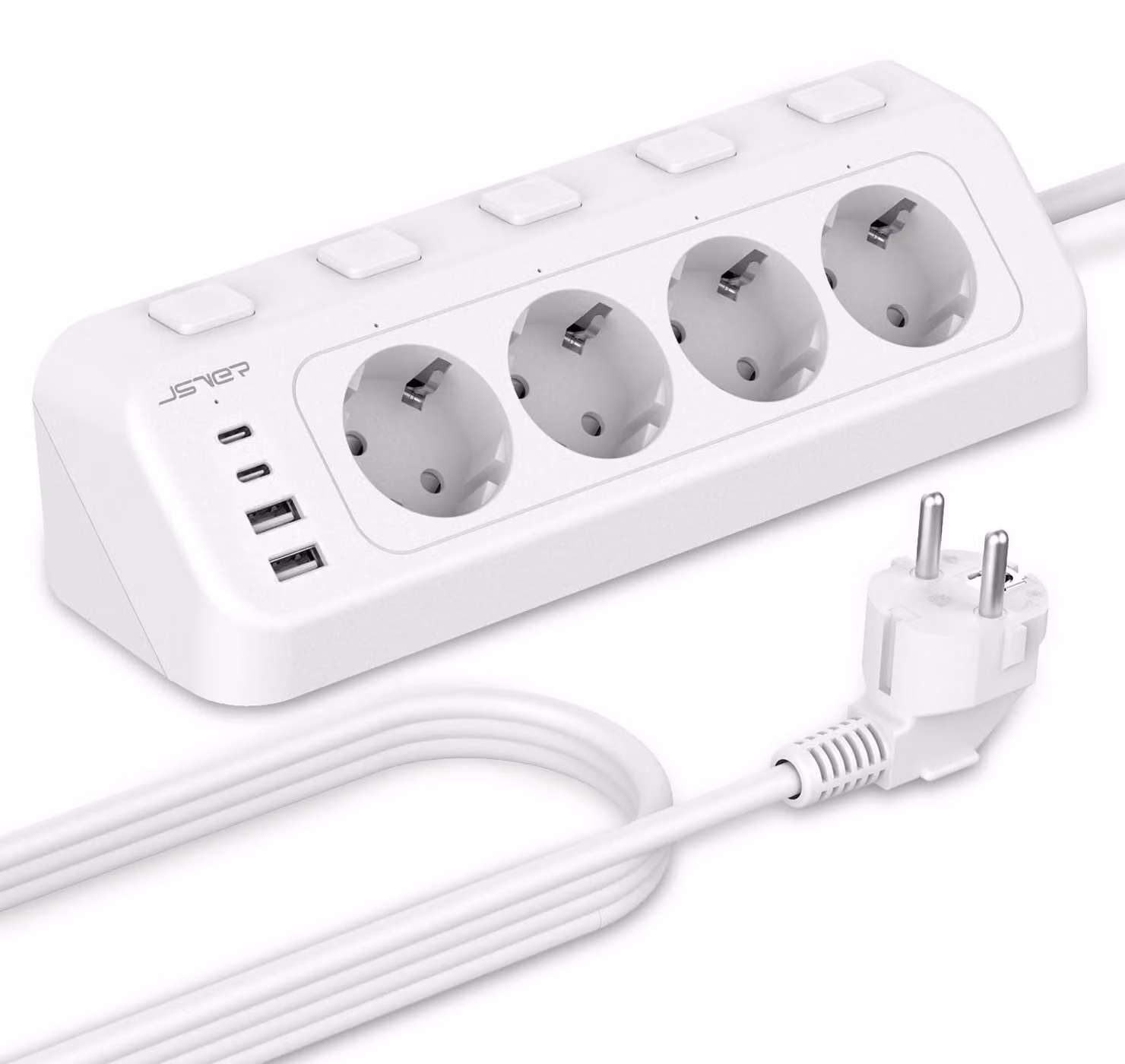 Presa a muro angolare con interruttori individuali, ciabatta multipresa a 4 prese con 2 porte USB-A e 2 porte USB-C, presa da tavolo da 2 metri per ufficio e casa (bianca)