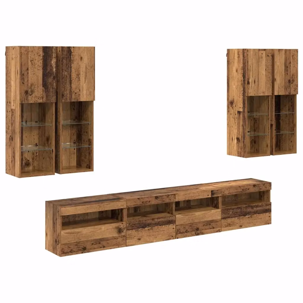 Set Mobile TV a Muro vidaXL in Legno Vecchio con Luci LED Multicolore, 7 Pezzi – 2