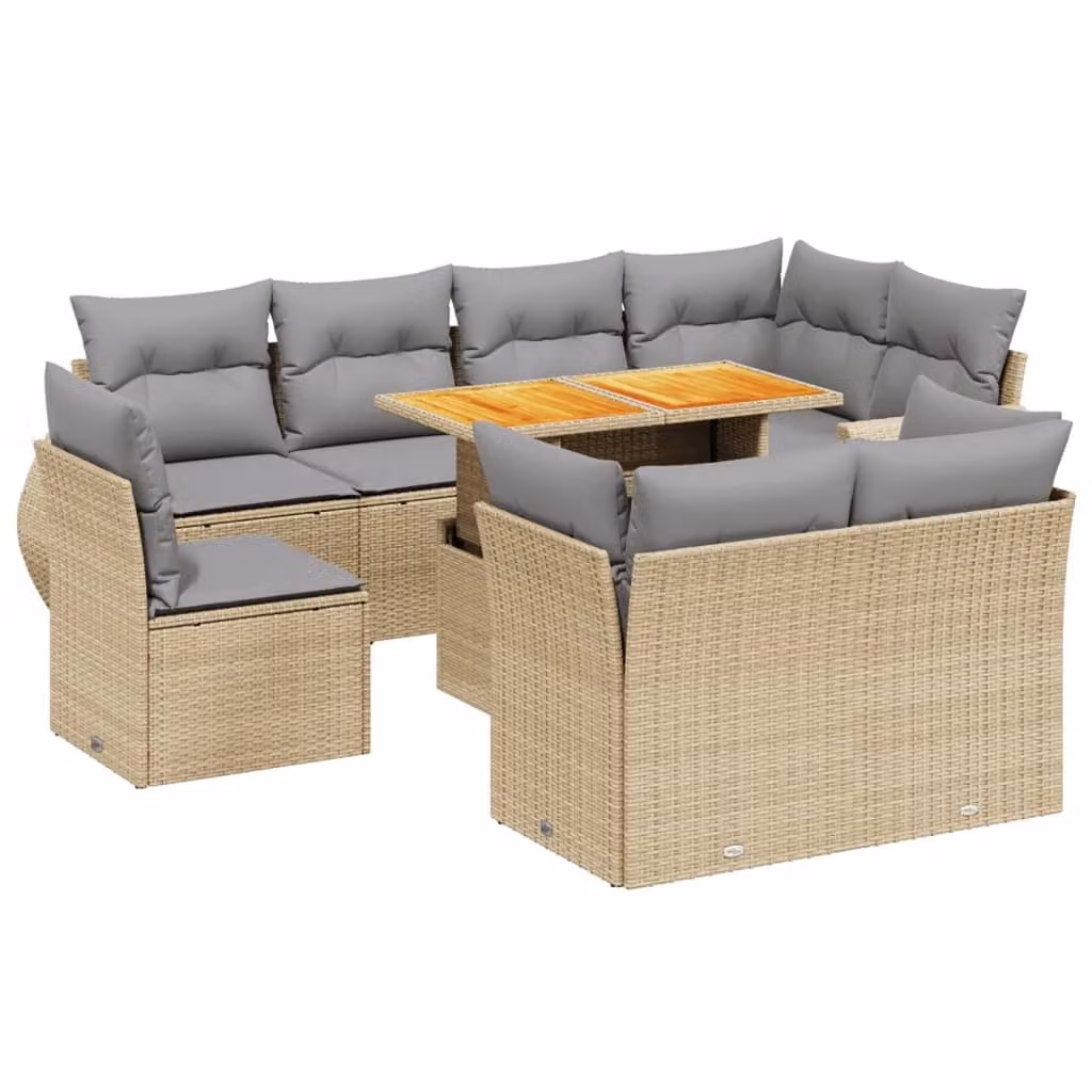 Set Divano da Giardino 9 pz con Cuscini Beige in Polyrattan