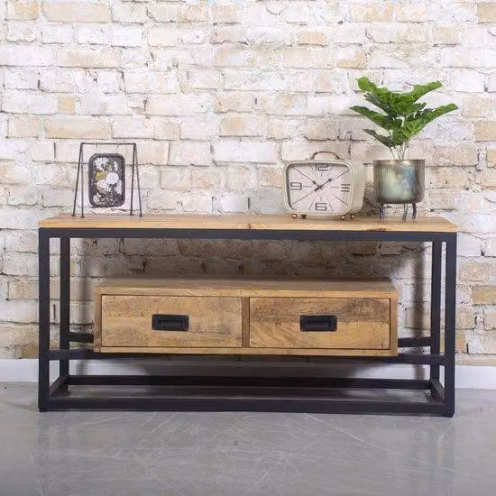 Supporto TV in legno di mogano e metallo, dimensioni 110x40x50 cm