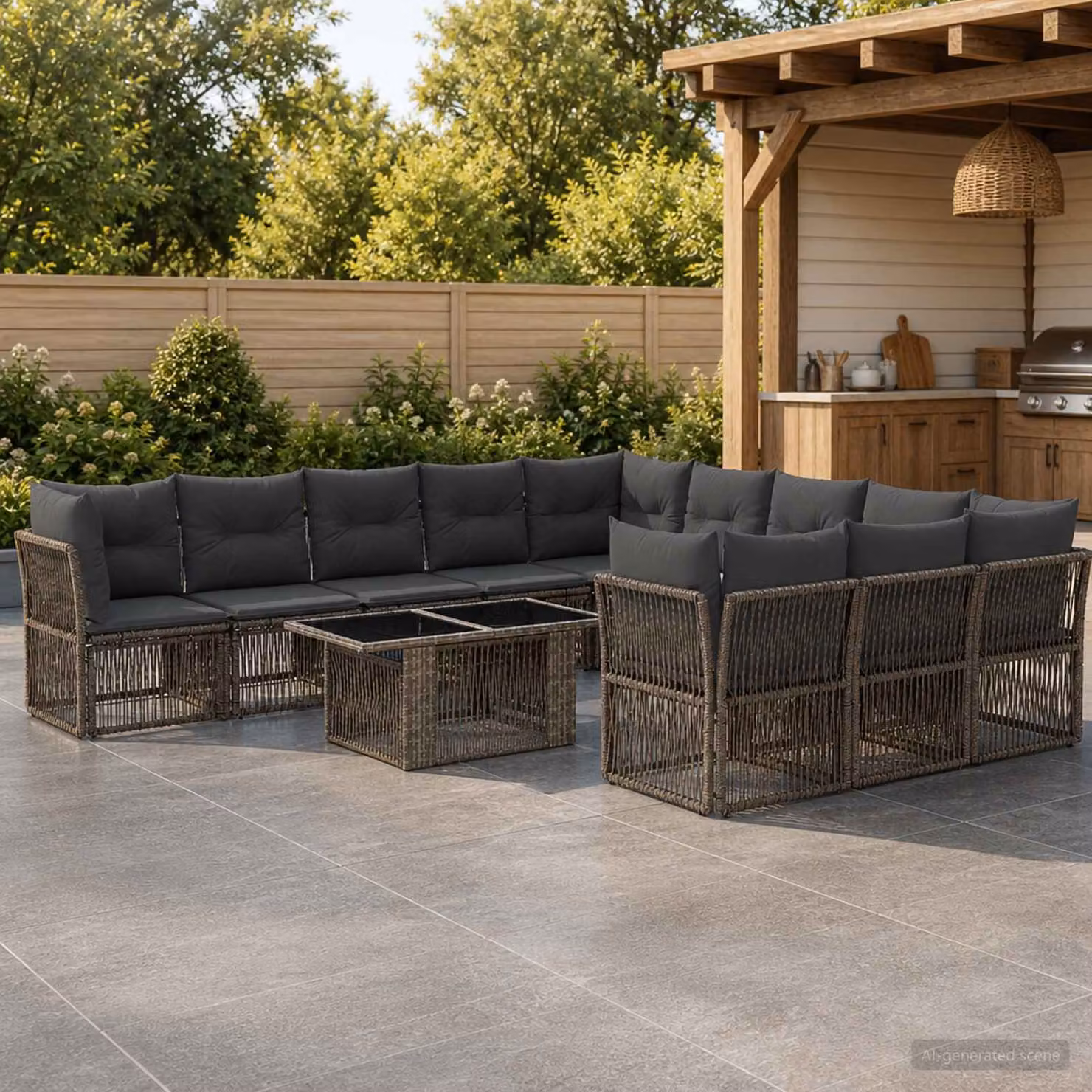 Set Divano da Giardino vidaXL 12 Pezzi a Forma di U con Tavolino da Caffè, Colore Grigio e Nero, Struttura in Metallo e Polyrattan con Cuscini Inclusi