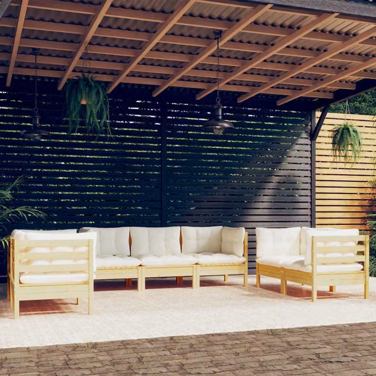 Set di divani da giardino vidaXL in legno di pino massello con cuscini beige 7 pz