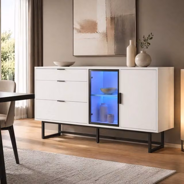 Credenza moderna bianco e nero con illuminazione LED integrata e finitura opaca per soggiorno o sala da pranzo L: 78 cm, H: 44,8 cm, P: 36 cm