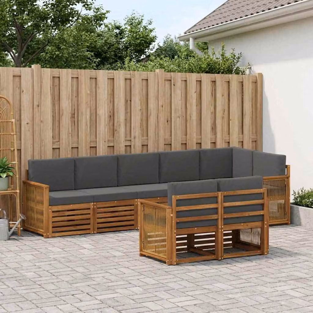 Set di divani da esterno vidaXL 7 pz in legno di acacia con cuscini, forma a U, colori marrone, bianco o grigio