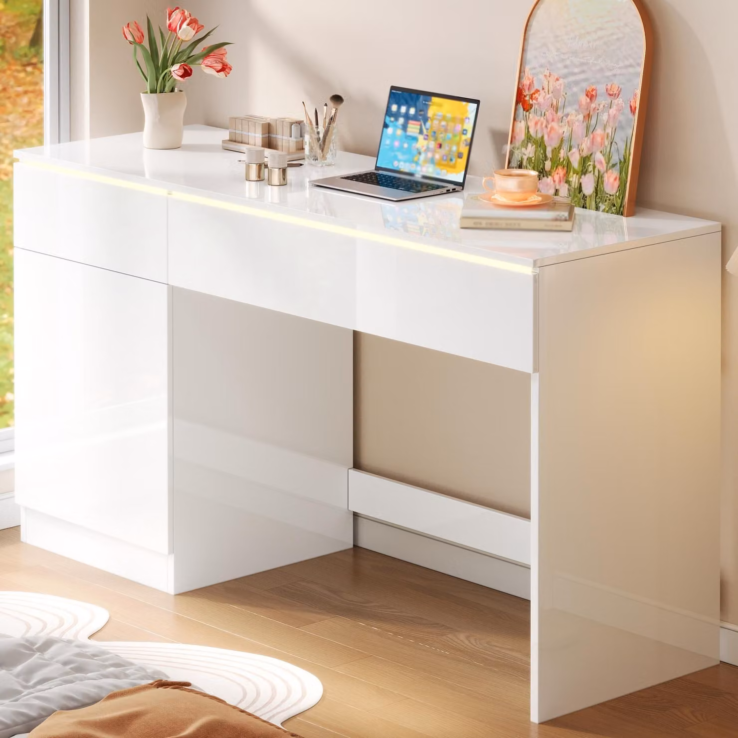 Scrivania bianca lucida con due cassetti e illuminazione LED, ideale come scrivania per computer, con ampio spazio di archiviazione, adatta per l'ufficio o la camera da letto