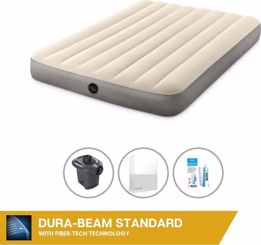 Letto gonfiabile Intex - 2 persone - 137 x 191 x 25 cm - Beige + pompa elettrica Intex - 650 litri/min + lenzuola bianche + kit di riparazione