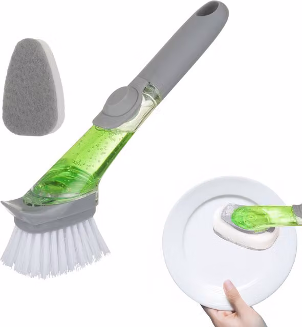 Spazzola lavapiatti KASANOVA con dispenser per sapone e porta spugna, grigia in plastica con testina ricaricabile
