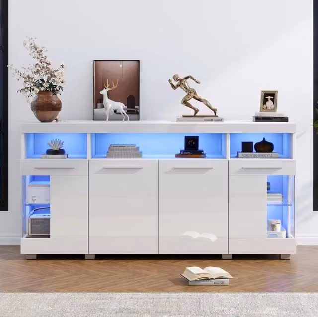 Sideboard bianco lucido 140x40x70 cm con LED e ante in vetro temperato per soggiorno