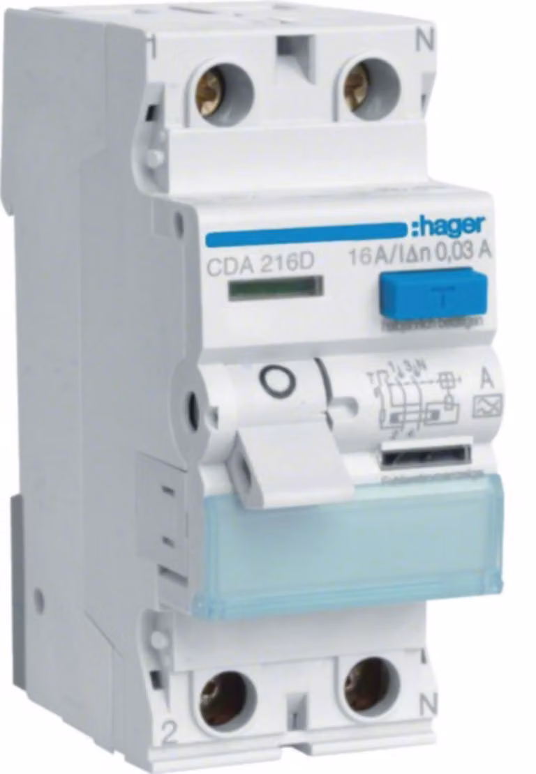 Hager RCD a 2 poli, 6 kA, 16 A/30 mA, tipo A CDA216D (RCD automatico)